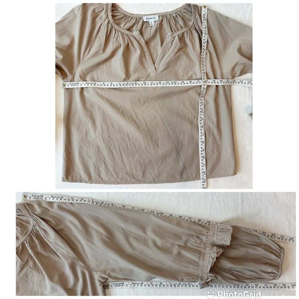 Evereve Elli Top Blouse Sandstone Poplin Blouson Crochet Balloon Sleeves, M - Picture 10 of 16